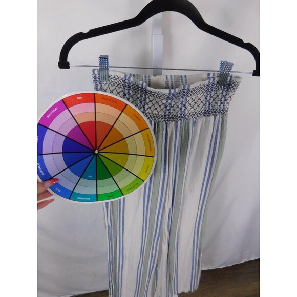 Indigo Rein Pants Womens Small Blue Striped Linen Blend Smocked Waist Wide Leg - Picture 8 of 10